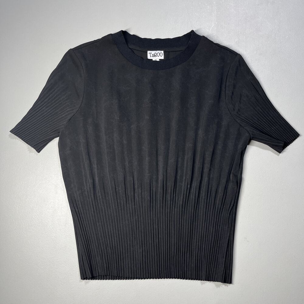 Taroo T Shirt Blouse Womens XS Black Gathered Pleated Short Sleeve Satin 90s